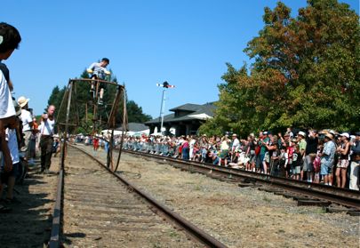 Racer coming down the tracks at the Handcar Regatta